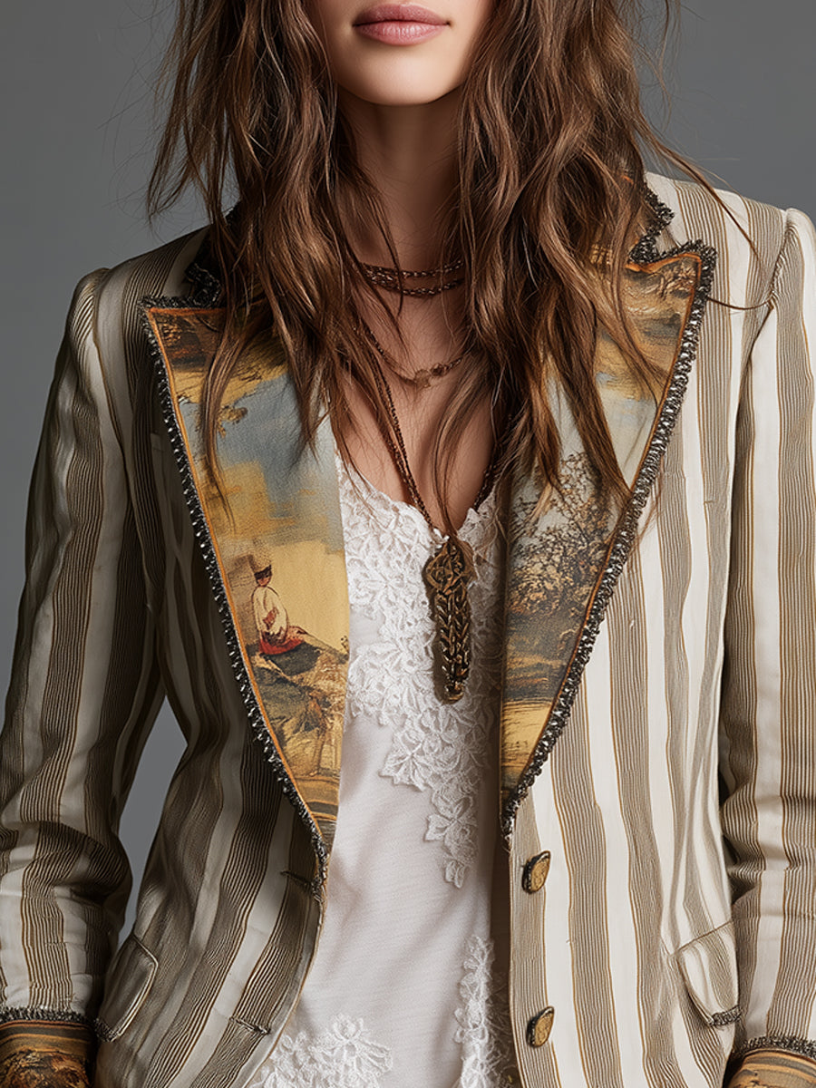 Rosanna | Blazer Bohémien a Righe con Colletto Stampato