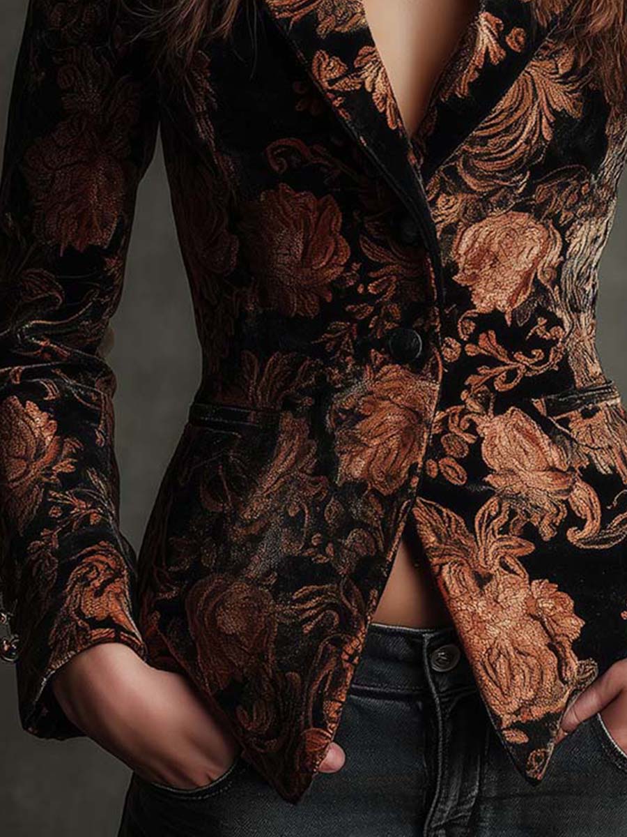Sofia | Blazer Sartoriale con Stampa Floreale Nera e Bronzo