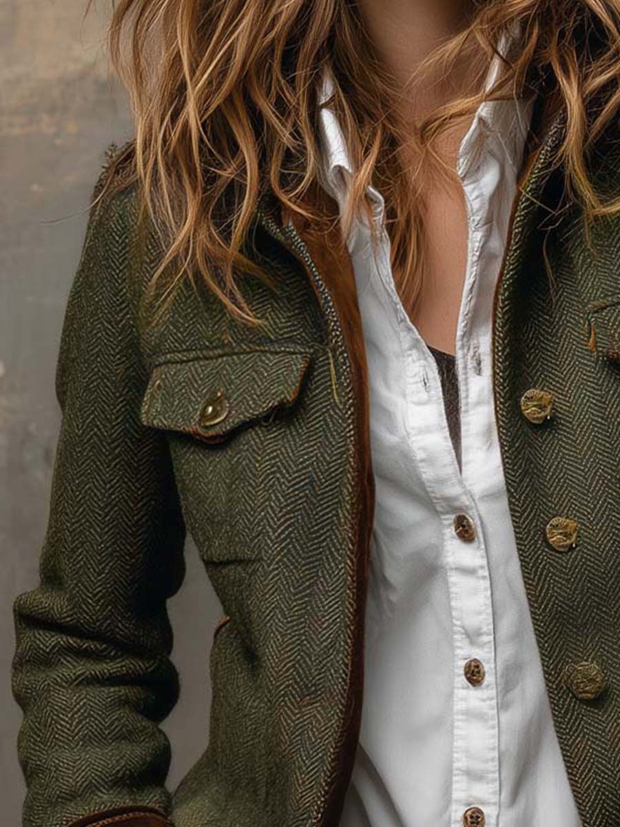 Bella | Blazer Vintage a Spina di Pesce con Profili a Contrasto