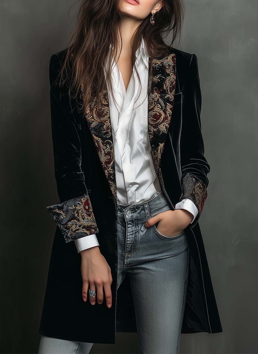 Camilla | Blazer Aderente con Stampa Barocca Nera