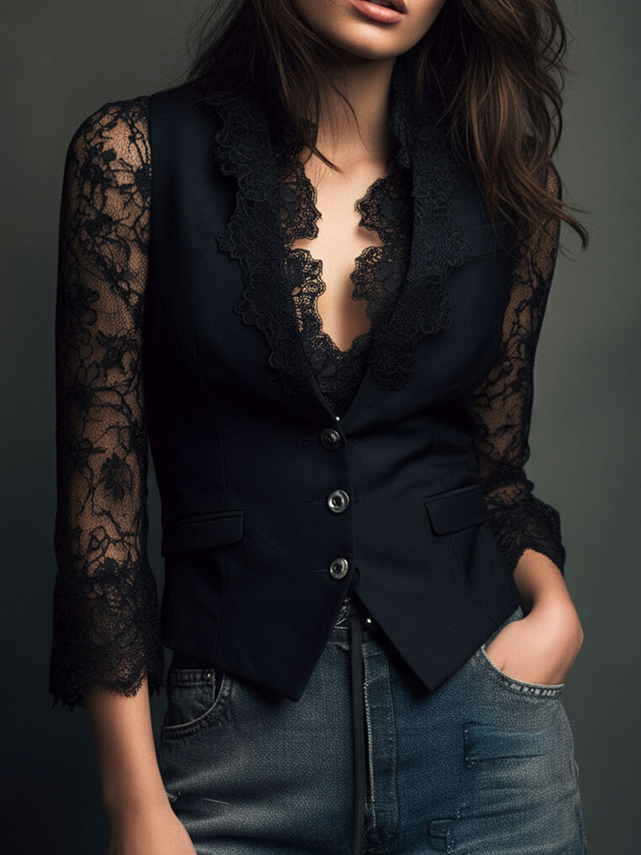 Vittoria | Blazer Nero con Maniche Semi-Trasparenti