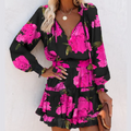 Robe courte à manches longues et à volants pour femme, col noué