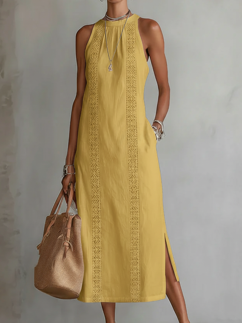 Jimena | Abito Midi in Lino con Collo Mao