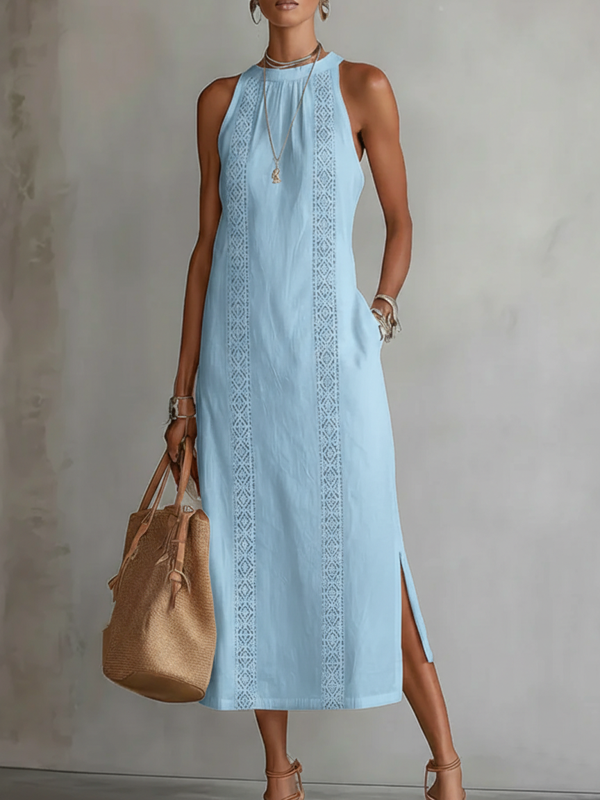 Jimena | Abito Midi in Lino con Collo Mao