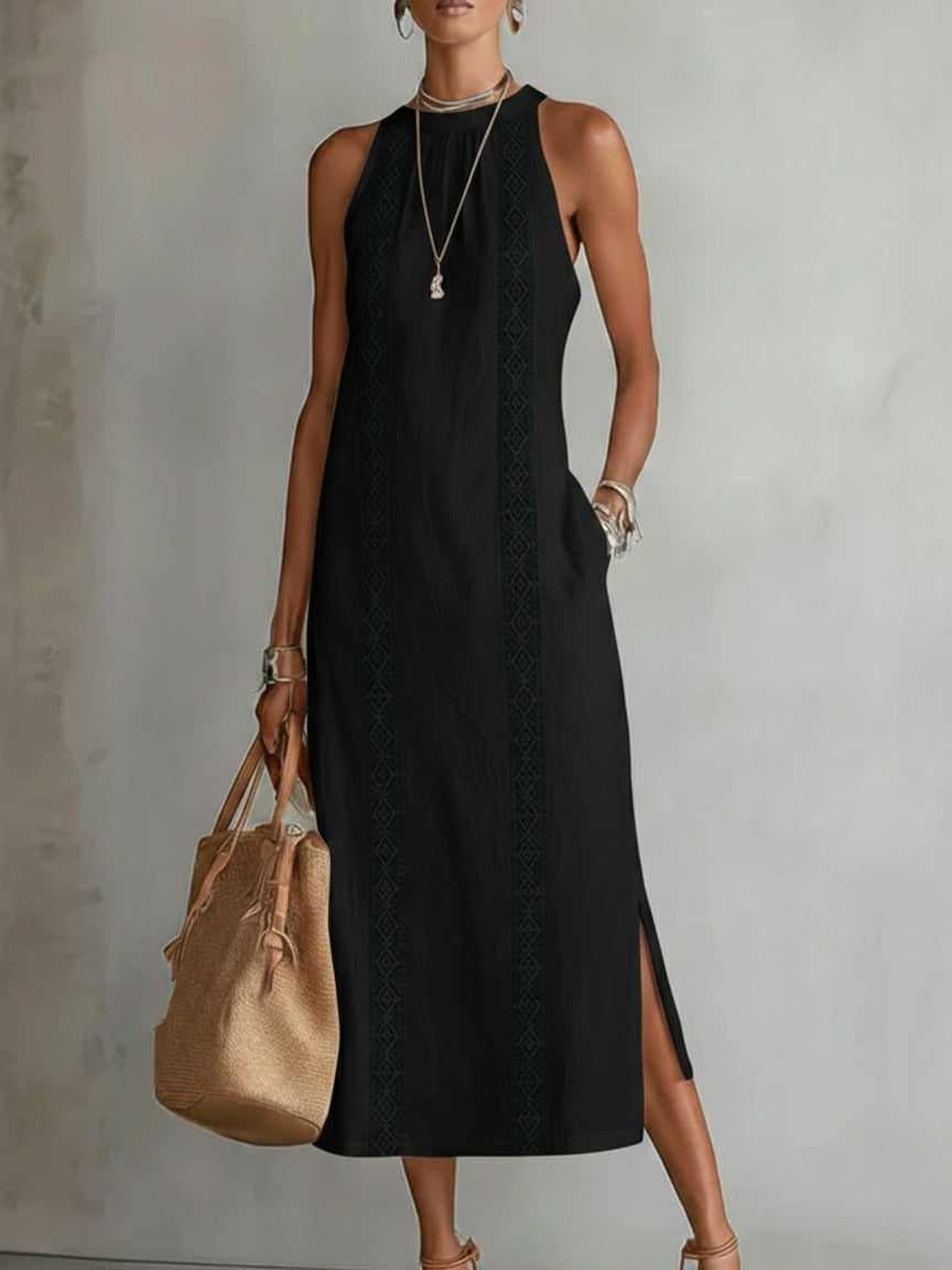 Jimena | Abito Midi in Lino con Collo Mao