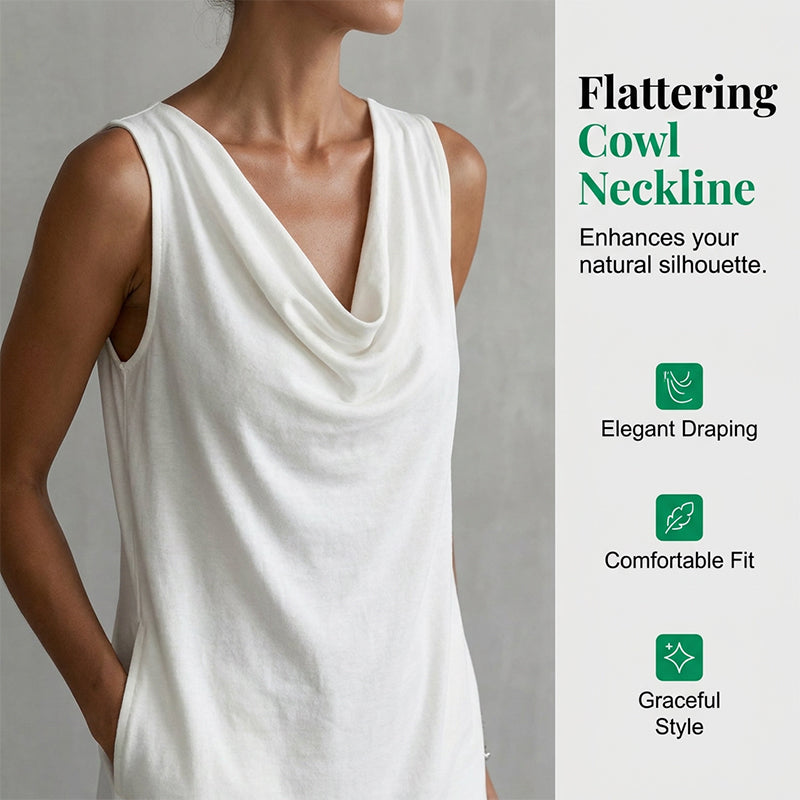 Elegante Abito Slim Fit con Scollo a Cowl – Senza maniche, tasche laterali e versatile – Drappeggio valorizzante, perfetto per il lavoro o le serate – Comodo e chic ✨🌸