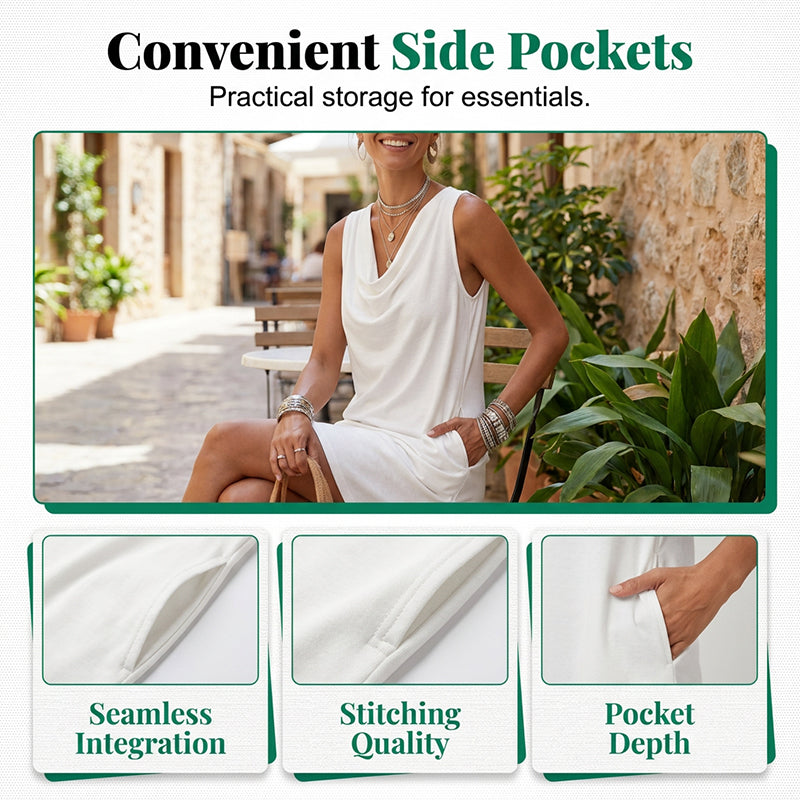 Elegante Abito Slim Fit con Scollo a Cowl – Senza maniche, tasche laterali e versatile – Drappeggio valorizzante, perfetto per il lavoro o le serate – Comodo e chic ✨🌸